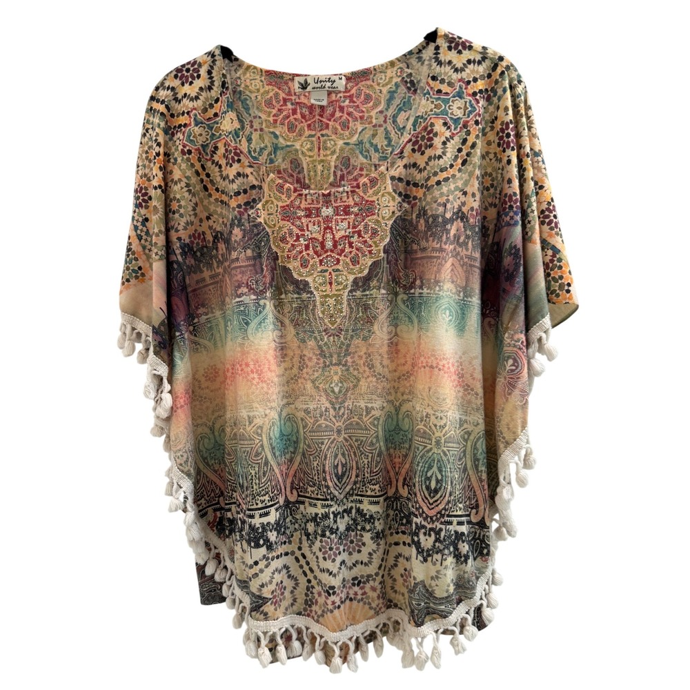 Unity World Wear Poncho Top Multi Color Tassel Paisley Flowy Boho Festival